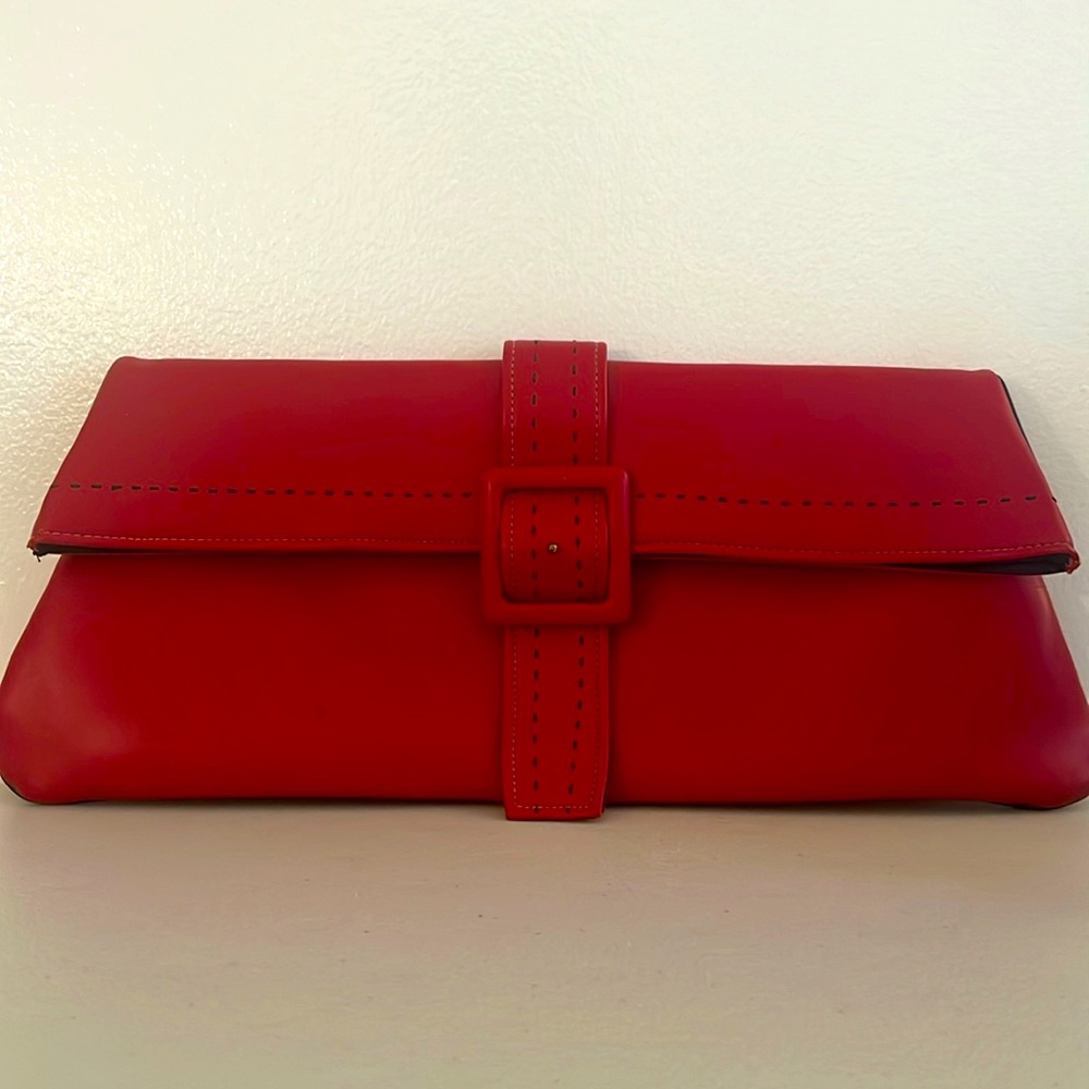 Vintage 1950’s Oversized Fold Over Red Clutch w/ Big Buckle Black Stitching